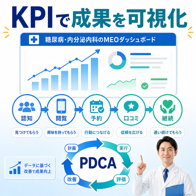 糖尿病・内分泌内科のMEO成果を認知、閲覧、予約、口コミ、継続のKPIで可視化する図解