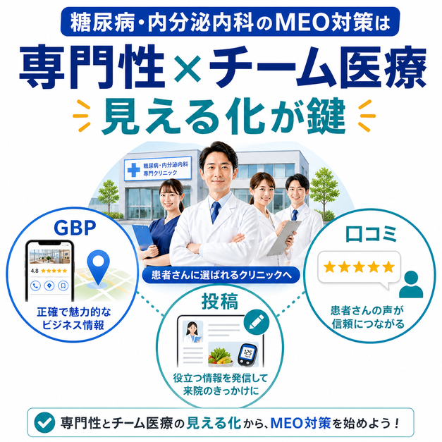 糖尿病・内分泌内科のMEO対策で、専門性とチーム医療をGBP、口コミ、投稿で見える化する総まとめ図