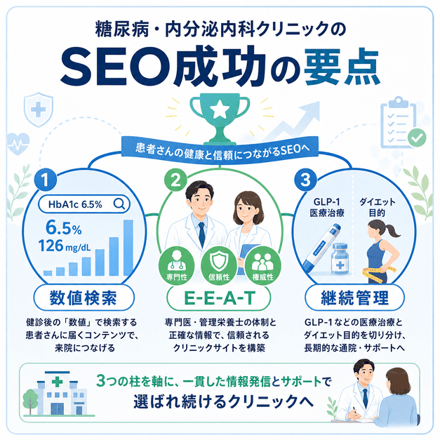数値検索、E-E-A-T、継続管理を軸に糖尿病・内分泌内科クリニックのSEO成功要点をまとめた図解