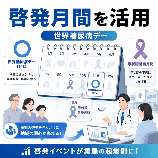 世界糖尿病デーや甲状腺啓発月間を活用して地域の関心と受診行動につなげるイラスト