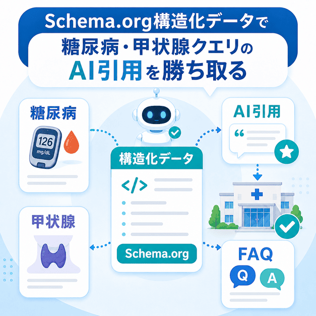 Schema.orgの構造化データによって糖尿病や甲状腺に関する情報がAIに引用されやすくなる仕組みを示す図解