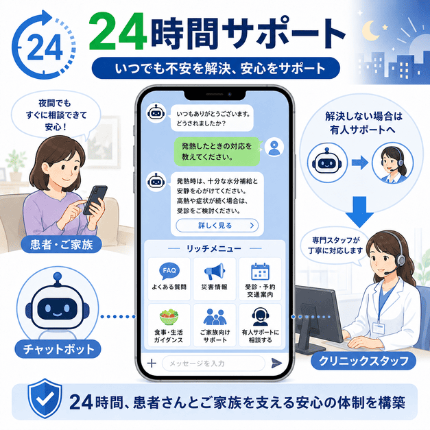 チャットボットと6マスのリッチメニューで、透析患者や家族の相談・予約・災害情報・食事支援を24時間支える体制を示したイラスト