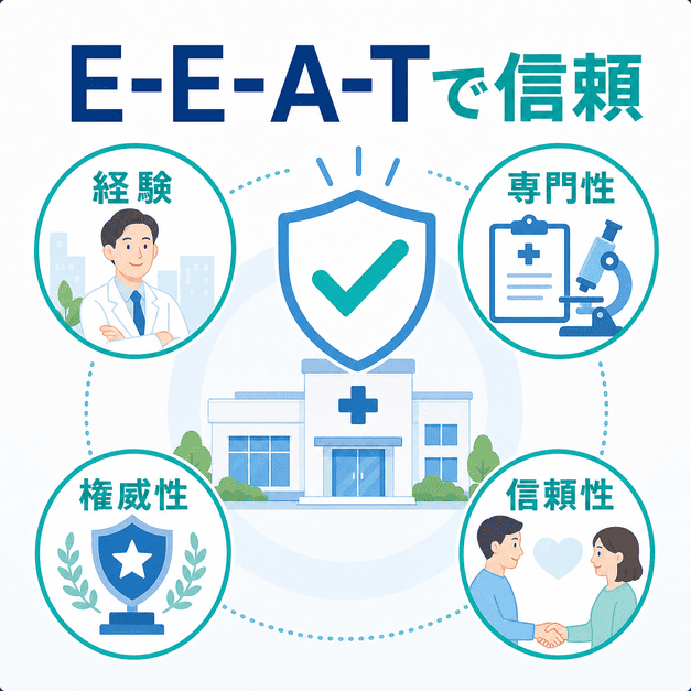 透析クリニックのE-E-A-Tを、経験・専門性・権威性・信頼性の4要素で高める考え方を示したイラスト