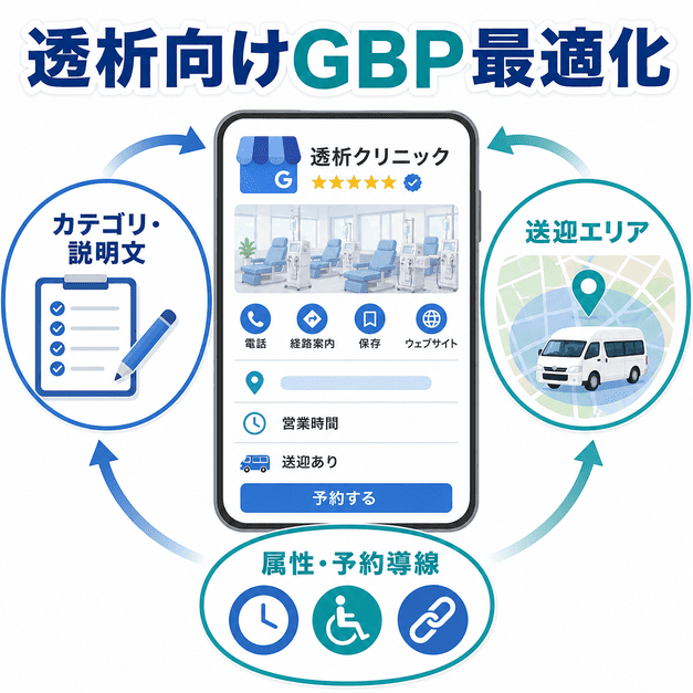 透析クリニックのGoogleビジネスプロフィールでカテゴリ、説明文、送迎エリア、予約導線を整えるポイントを示した図解