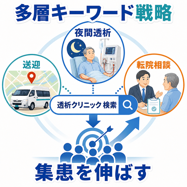 夜間透析、送迎、転院相談などの検索キーワードを組み合わせて透析クリニックの集患を伸ばす戦略を示した図解