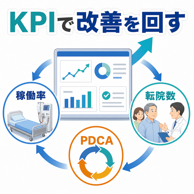 稼働率、転院数、PDCAをもとに透析クリニックのMEO施策を改善するKPI管理を示した図解