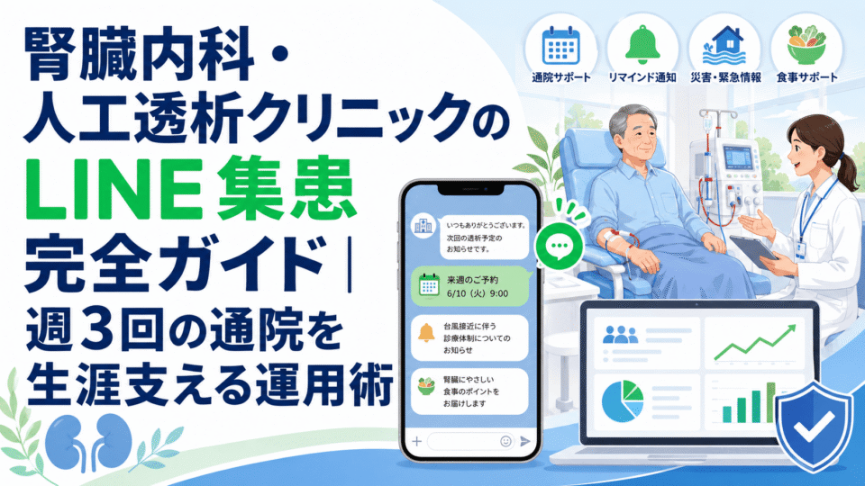 腎臓内科・人工透析クリニックのLINE集患をテーマに、透析患者への通院支援や災害時連絡、食事サポートをスマホ通知で支える様子を表したアイキャッチ画像