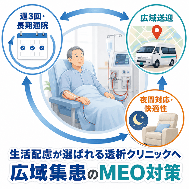週3回の長期通院や送迎、夜間対応など、透析クリニックのMEO対策で生活配慮が重要になる理由を示した図解