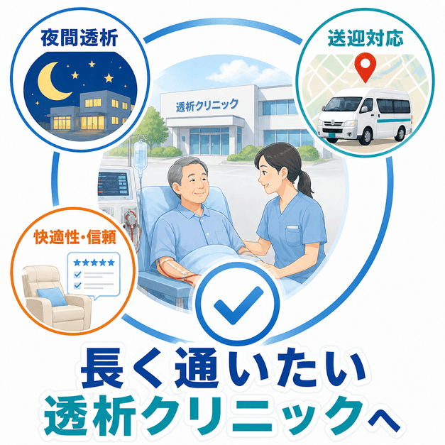 夜間透析、送迎対応、快適性と信頼を整え、長く通いたい透析クリニックを目指すまとめ図