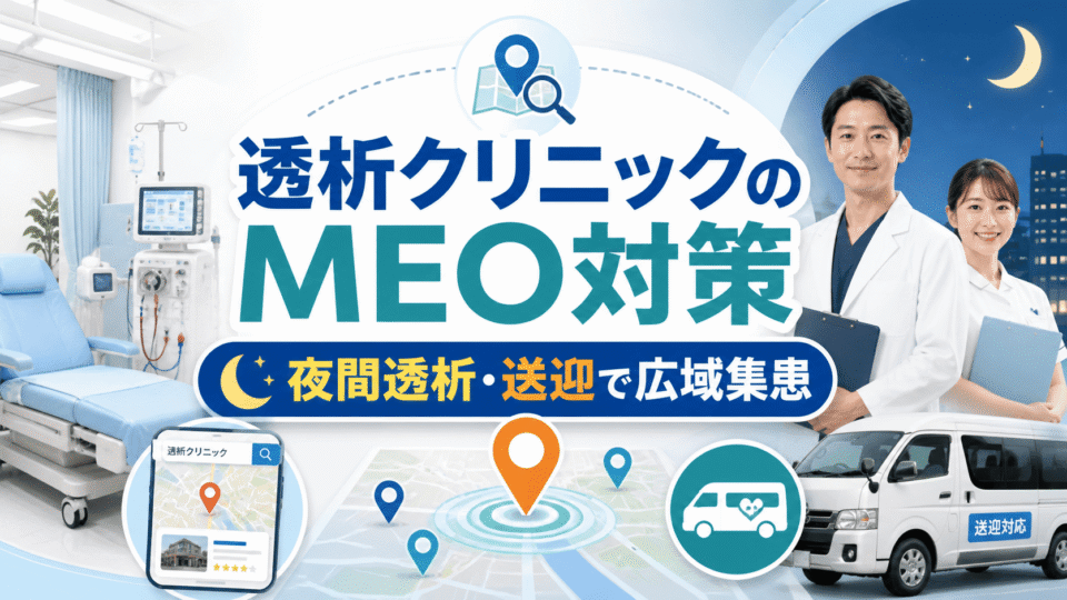透析クリニックのMEO対策として夜間透析や送迎対応、Googleマップ検索による広域集患を表したアイキャッチ画像