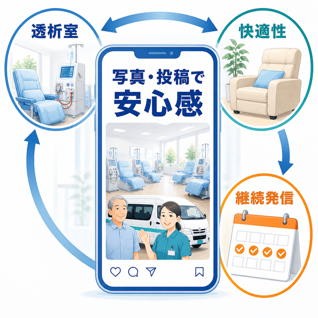 透析室や快適な設備、継続的な投稿によって長く通える安心感を伝える写真・投稿運用を示した図解