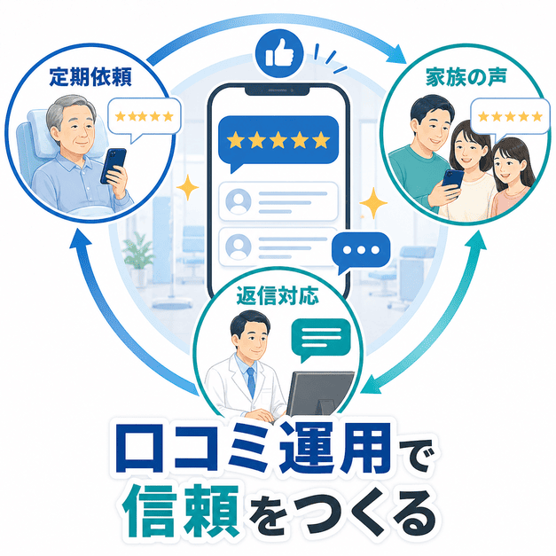 透析患者や家族からの口コミ獲得と返信対応によってクリニックの信頼を高める流れを示した図解