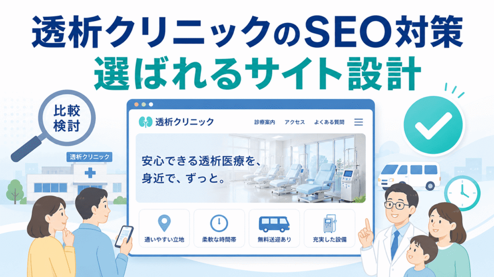 透析クリニックのSEO対策として、患者や家族がWebで施設を比較し、送迎・時間帯・設備情報を見ながら選ぶ様子を表したアイキャッチ画像