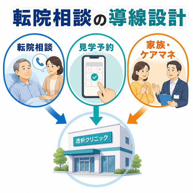 転院相談、見学予約、家族やケアマネージャー経由の問い合わせを透析クリニックへつなげる導線設計を示した図解