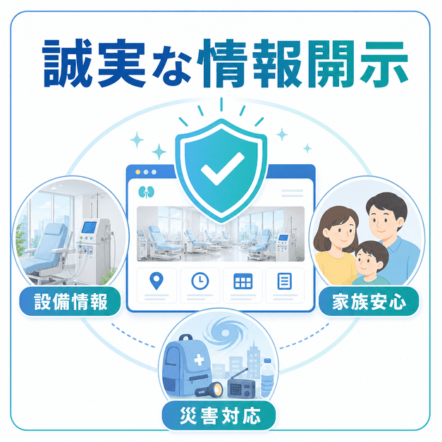 透析クリニックのSEO対策では、設備情報・家族の安心・災害対応を誠実に開示することが重要であると示したまとめ用イラスト