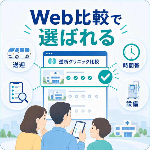 患者家族が透析クリニックをWebで比較し、送迎・時間帯・設備などの情報を見て選ぶ流れを図解したイラスト