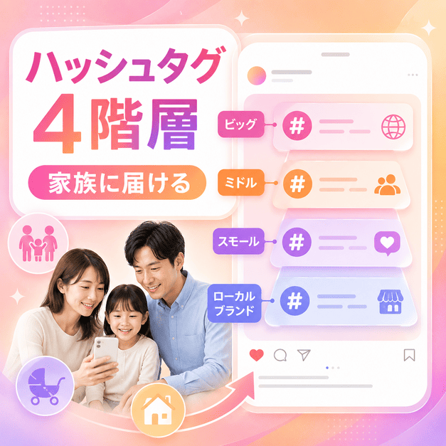家族ペルソナに情報を届けるためのハッシュタグ4階層戦略をスマートフォン画面で示したイラスト