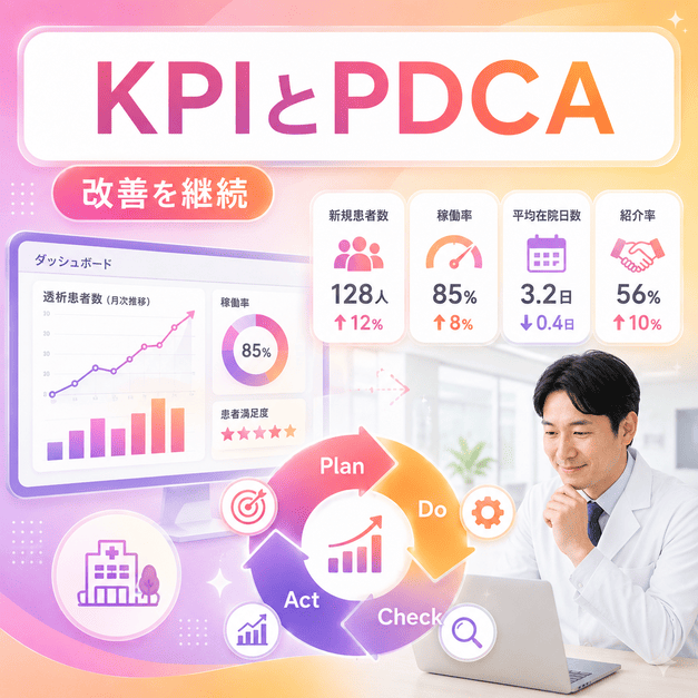 KPIダッシュボードとPDCAサイクルを使って、透析クリニックのInstagram運用成果を改善するイラスト
