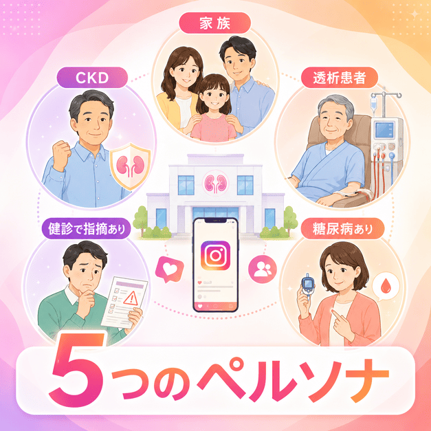 家族、CKD患者、透析患者、健診後リスク層、糖尿病性腎症リスク層の5つのペルソナを整理したイラスト