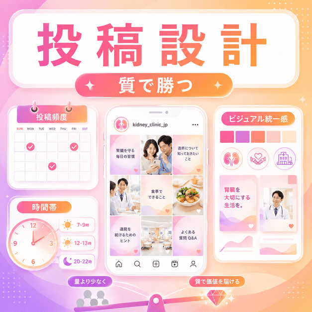 投稿頻度、配信時間帯、ビジュアル統一感を整理し、質重視のInstagram運用を設計するイラスト