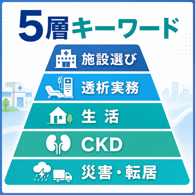 人工透析クリニックのキーワード設計を、施設選び・透析実務・生活・CKD・災害転居の5層構造で示した図解
