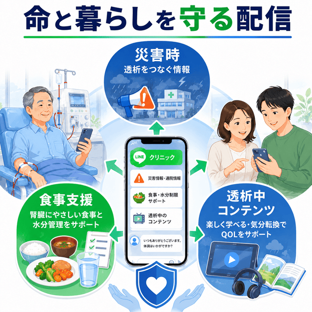 災害時の透析情報、食事制限支援、透析中コンテンツをLINEで届け、患者の命と暮らしを支える様子を示したイラスト
