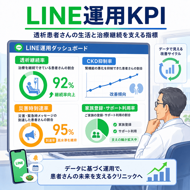 透析継続率、CKD抑制率、災害時到達率など、腎臓内科LINE運用の独自KPIをダッシュボードで管理する様子を示したイラスト