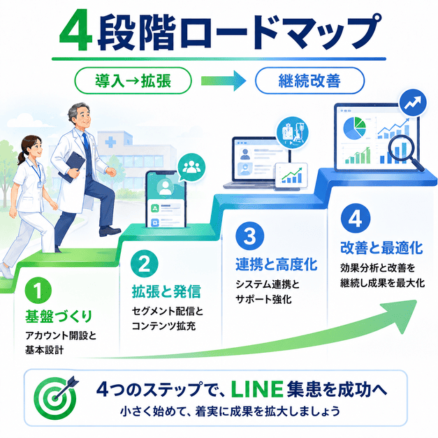 腎臓内科・透析クリニックのLINE集患を、基盤づくりから拡張、連携、高度化、継続改善へ進める4段階ロードマップのイラスト