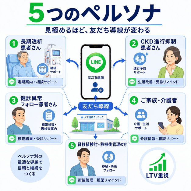 透析継続患者、CKD患者、健診異常後フォロー、家族介護者、腎移植関連患者の5つのペルソナ別にLINE導線を設計する様子を示したイラスト