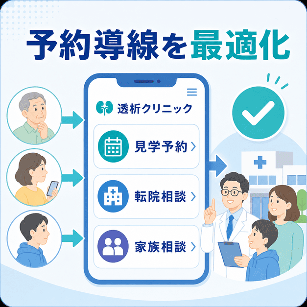 透析クリニックの見学予約・転院相談・家族相談への導線をスマートフォン画面で分かりやすく示したイラスト
