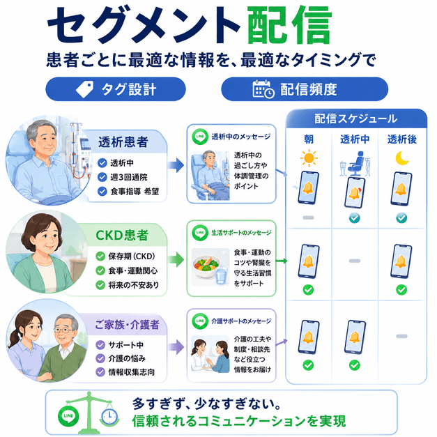 透析患者、CKD患者、家族介護者ごとにタグ設計と配信頻度を分け、最適なタイミングでLINE配信する様子を示したイラスト