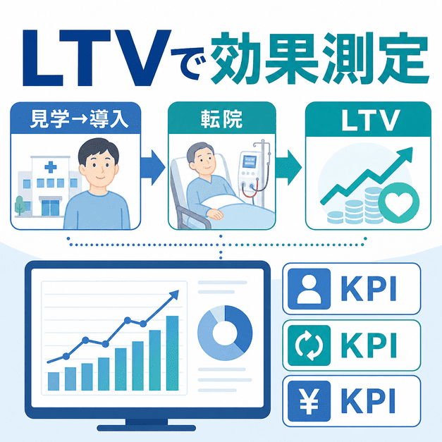 透析クリニックのSEO効果を、見学から導入、転院、患者1人あたりのLTVを軸に測定する流れを示した図解