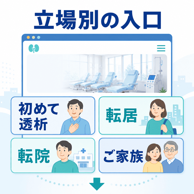 透析クリニックのサイトに、初めて透析を検討する人・転居する人・転院する人・家族向けの入口を設ける構成を示したイラスト