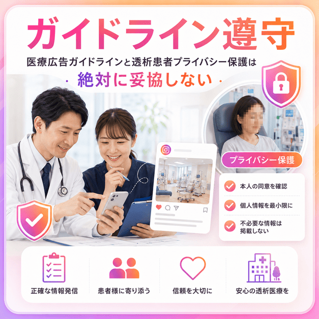 医療広告ガイドライン遵守と透析患者のプライバシー保護を、医療スタッフの確認作業で表したイラスト