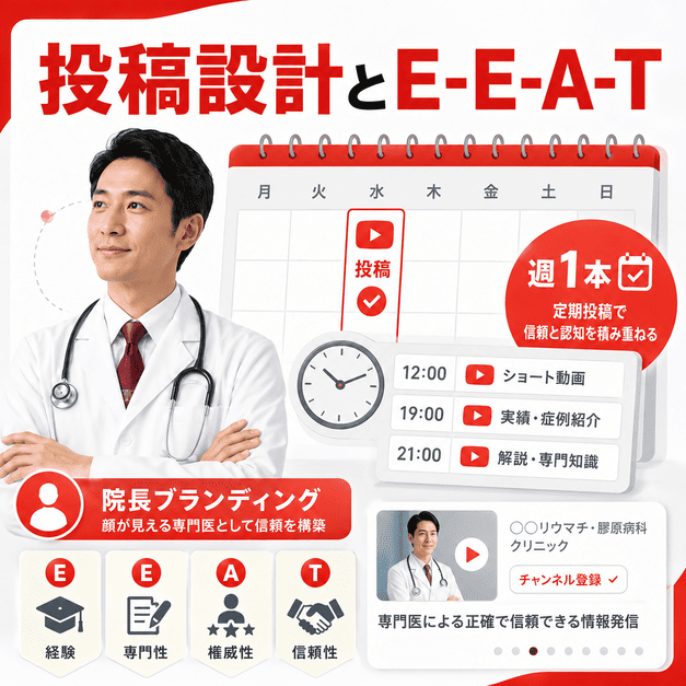 院長ブランディング、投稿頻度、公開タイミングを通じてE-E-A-T評価を高める様子を表したイラスト