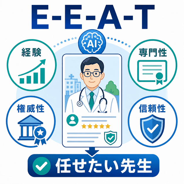 経験・専門性・権威性・信頼性を示し、AIに信頼できる医師として認識されるためのE-E-A-T訴求を表した図
