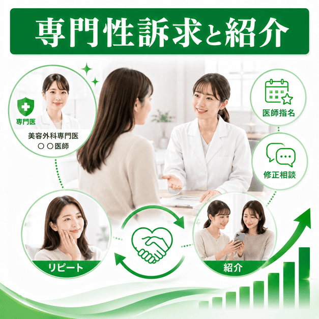 美容外科専門医の専門性訴求、医師指名予約、修正相談、リピート・紹介につながる流れを示すイメージ
