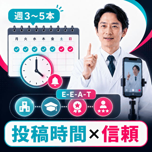 投稿頻度や配信タイミング、院長のE-E-A-Tによって視聴者からの信頼を高める様子を示したイラスト