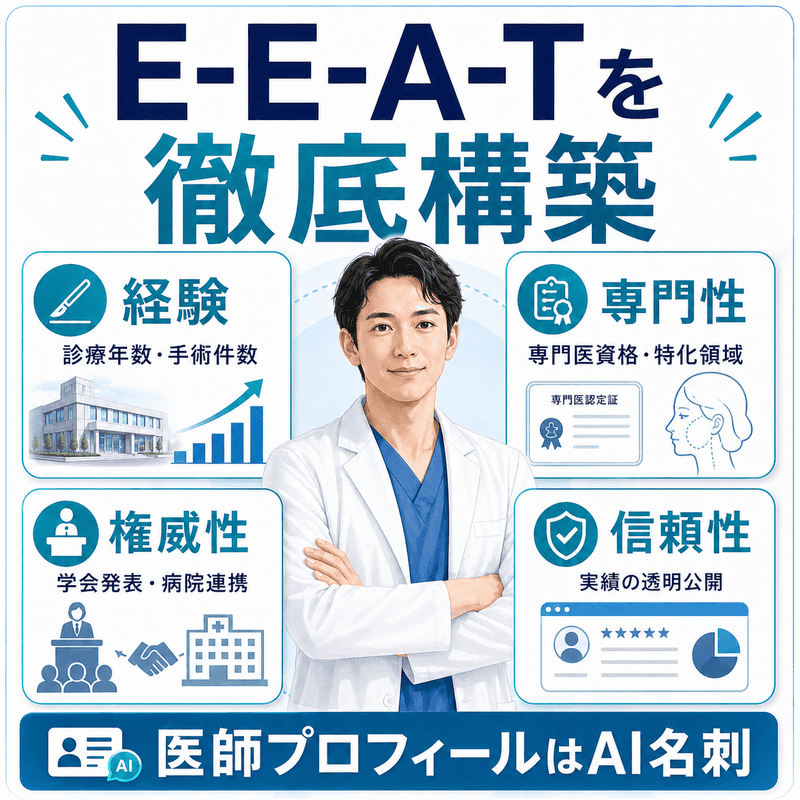 形成外科医の経験・専門性・権威性・信頼性をE-E-A-Tとして整理し、医師プロフィールをAI名刺として示した図