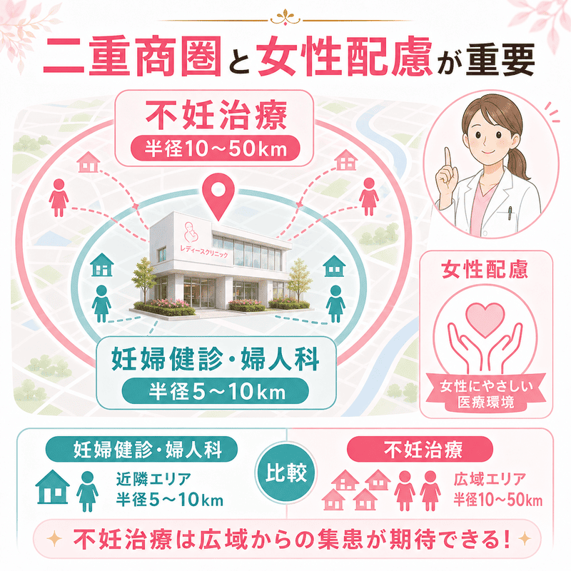 産婦人科と不妊治療で異なる商圏を、半径5〜10kmと10〜50kmの二重商圏として示した図