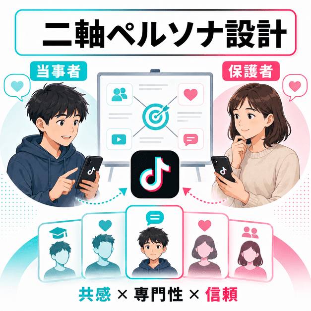 当事者と保護者の二軸ペルソナに向けてTikTok配信を設計する様子を表したイラスト