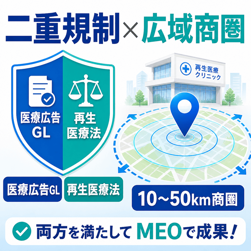 医療広告ガイドラインと再生医療法の二重規制、そして10〜50kmの広域商圏を図で示した再生医療クリニック向けMEO対策のイラスト