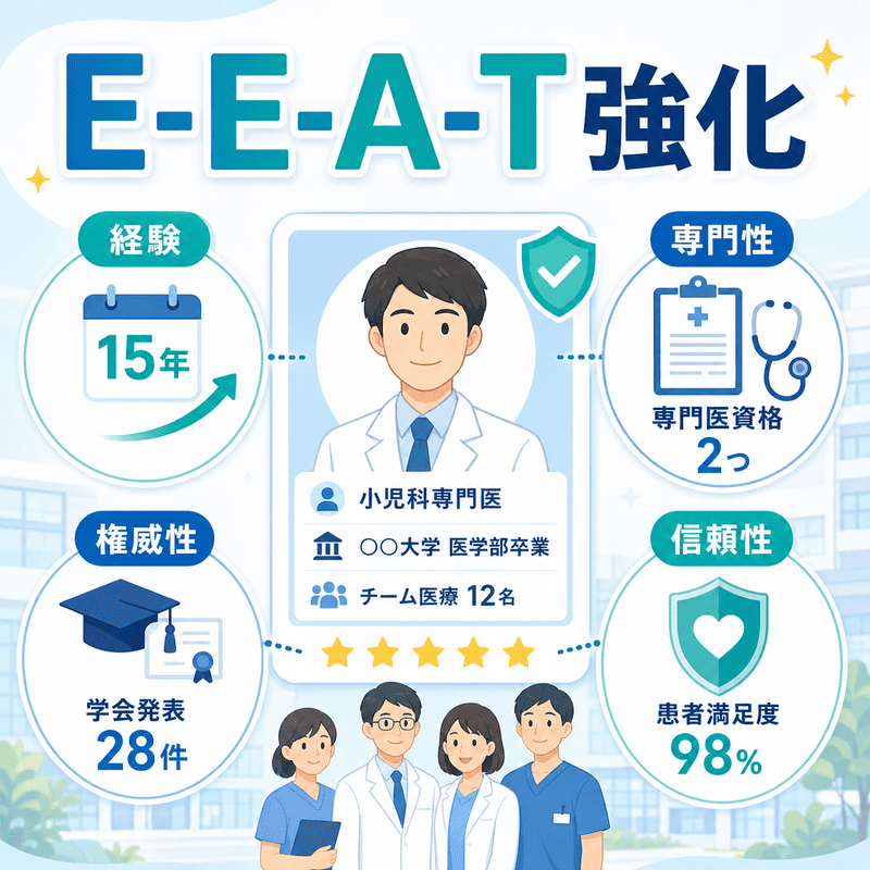 児童精神科クリニックの医師プロフィールで経験・専門性・権威性・信頼性を示すE-E-A-T強化のイラスト