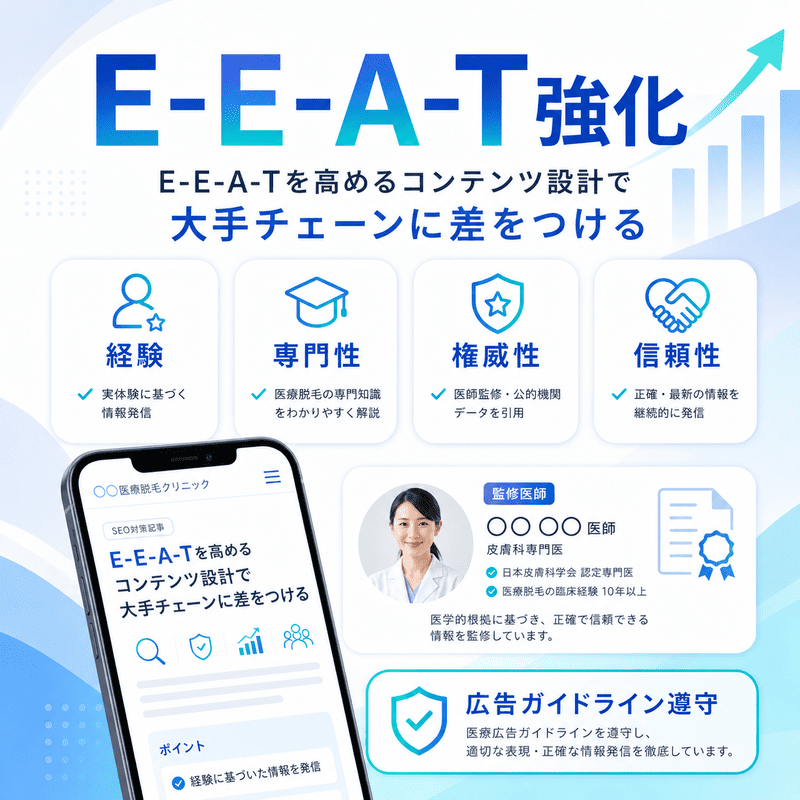 医療脱毛クリニックのE-E-A-T強化として、経験・専門性・権威性・信頼性と広告ガイドライン遵守を示した図