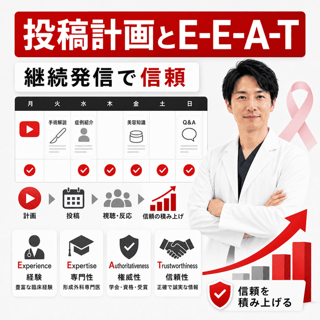 投稿スケジュールとE-E-A-T訴求で形成外科チャンネルの信頼を積み上げる様子