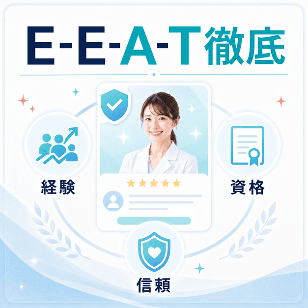 美容皮膚科のAI評価を高めるために経験、資格、信頼性などE-E-A-Tを整える重要性を示す図解