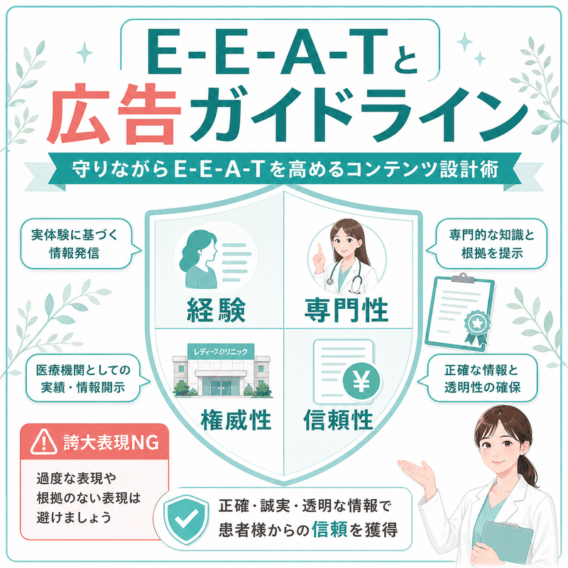 医療広告ガイドラインを守りながら、経験・専門性・権威性・信頼性を高めるE-E-A-T対策を示した図