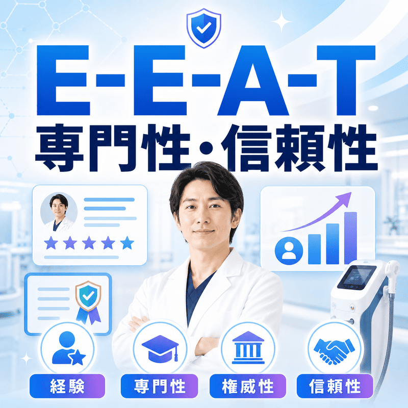 医療脱毛クリニックのE-E-A-Tを、医師の専門性・経験・権威性・信頼性の要素で表現したイラスト