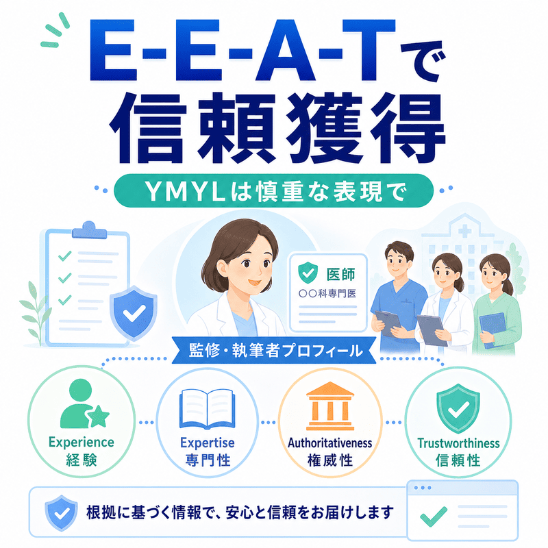 医師プロフィール、専門資格、監修体制、経験・専門性・権威性・信頼性の4要素を通じて、児童精神科サイトで信頼を高める考え方を示した図