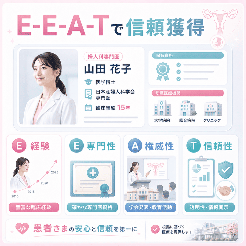 産婦人科専門医の医師プロフィール、経験、専門性、権威性、信頼性をE-E-A-Tとして整理した図
